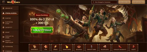 Bonus powitalny 100% do 2250 zł + 200 darmowych spinów w kasynie Wild Robin Strona główna kasyna Wild Robin z promocją powitalną – 100% do 2250 zł + 200 darmowych spinów oraz przyciskiem „Dołącz teraz