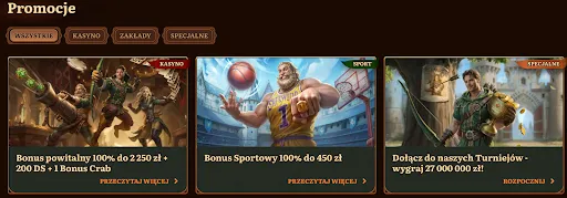 Promocje kasyna Wild Robin – oferta powitalna, sportowa i turniejowa z wysokimi nagrodami Trzy promocyjne banery kasyna Wild Robin – bonus powitalny 100% do 2250 zł + 200 darmowych spinów + 1 Bonus Crab